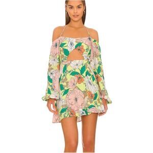 AFRM Dolly Mini Dress Spring Lime Bouquet Floral Cutout Off Shoulder L